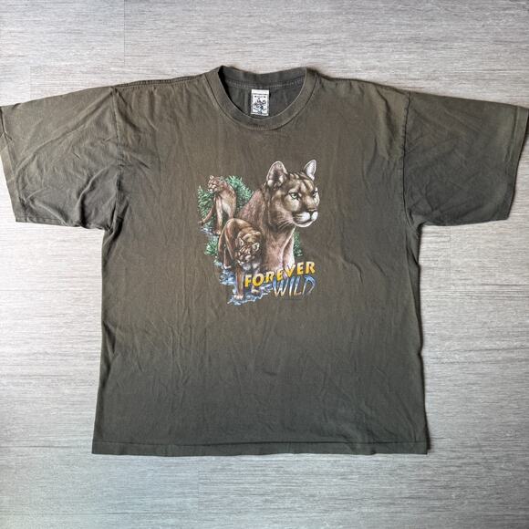 Vintage 90s Single Stitch Animal Print Shirt FOREVER WILD Cougar Tee Alore XXL - Picture 1 of 7